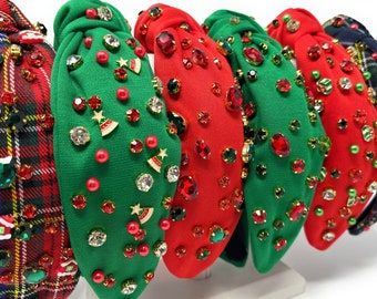 Christmas Jeweled Knotted Headband, Holiday Red Green and Plaid Headbands, Festive Hair Accessory, Red Holiday Headband, Green Headbands