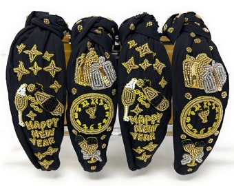 Sparkle into the New Year with our Hand-Beaded Gold and Black Knot Headband, Custom Headbands, New Year's Eve Headbands, Unique Headbands