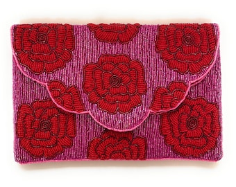 FLORAL Beaded Clutch, Fuchsia Beaded Clutch, Floral Beaded Clutch Purse, Summer Clutch Bag, Party Clutch Purse, Birthday Gift, Bridal Gift