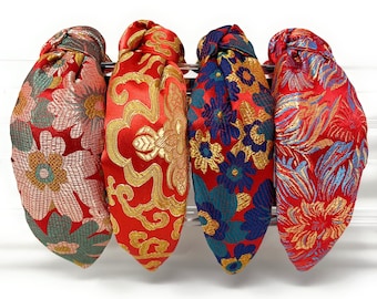 Vintage Floral Knot Headband, Oriental Handcrafted Headbands Comfortable and Stylish, Red Top Knot Headband, Oriental Print Gift Headbands