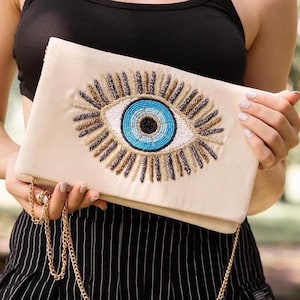 Hand-Beaded Evil Eye Clutch Purse Unique Evil Eye Beaded Clutch Purse Bohemian Bag Evening Neutral Color Clutch Crossbody Bag Birthday Gifts