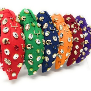 Game Day Sparkle: Unique Hand Sewn Football Jeweled Knot Headband with Luxurious Charms, Game Day Custom Knot Headbands GameDay Headbands