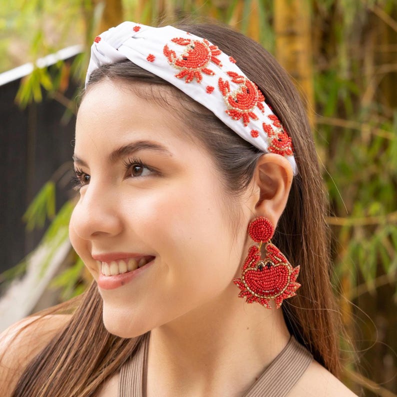 Gorgeous Handcrafted Beaded Top Knot Headband - Customizable and Unique - Crab motif