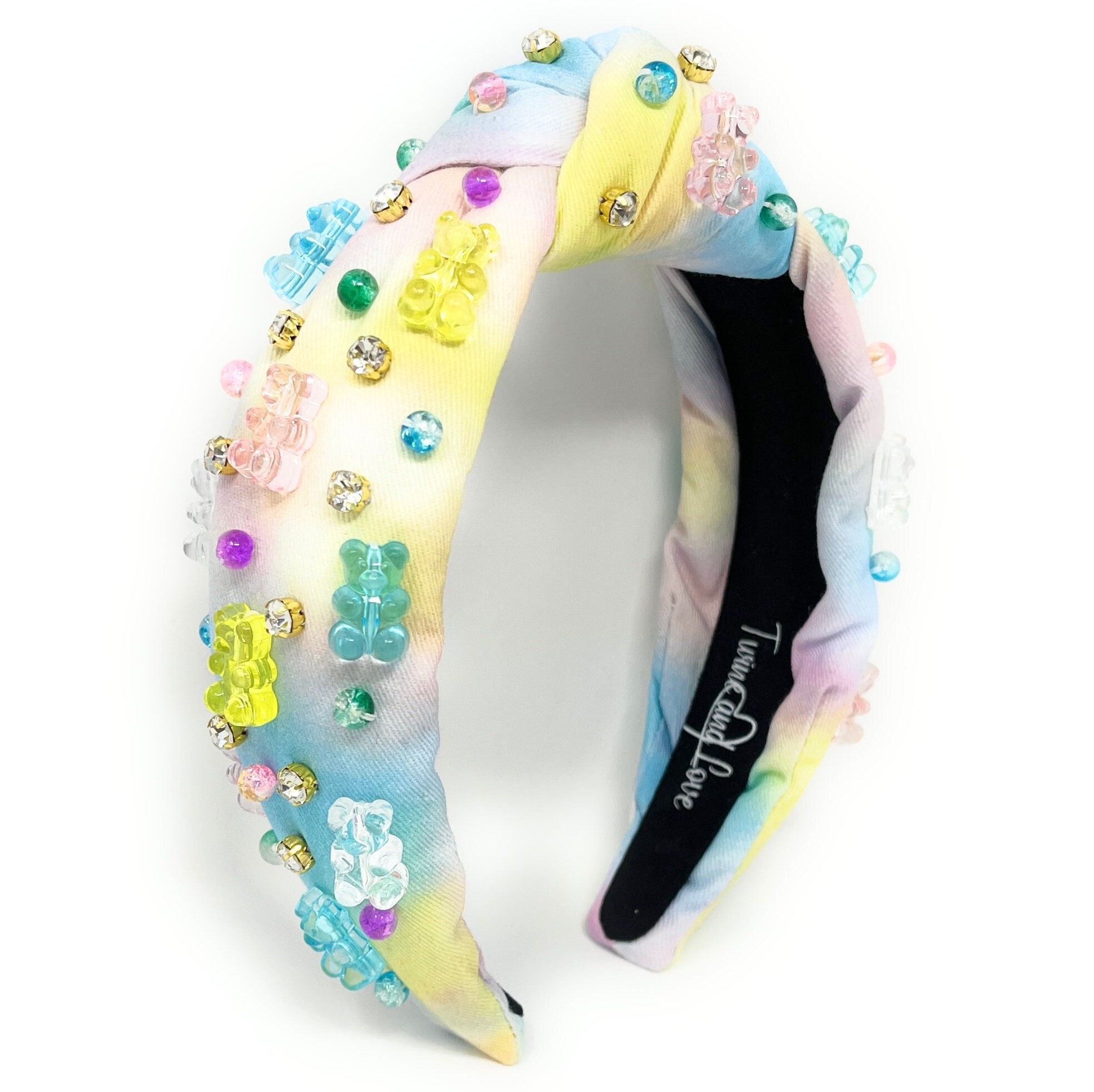 Gorgeous Bear Knotted Denim Rhinestone Headband DENIM EMBELLISHED KNOT HEADBAND – Natural stone pony bead  main image 2