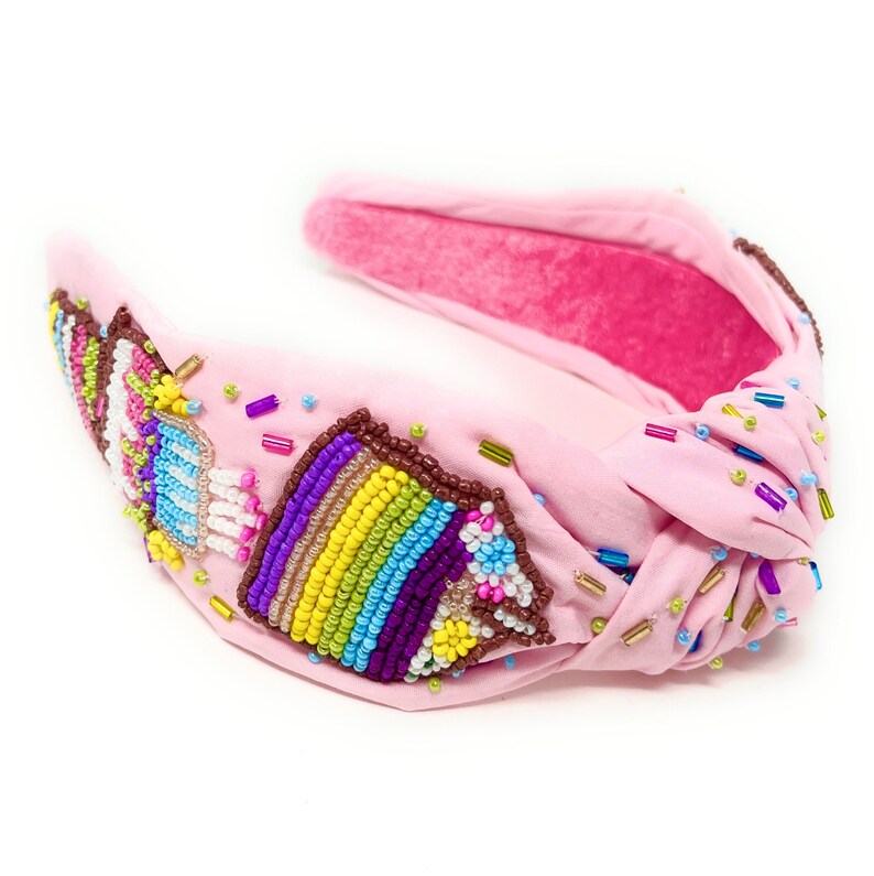 Hand Beaded Birthday Cake Top Knot Headband in Beautiful Pink Fabric