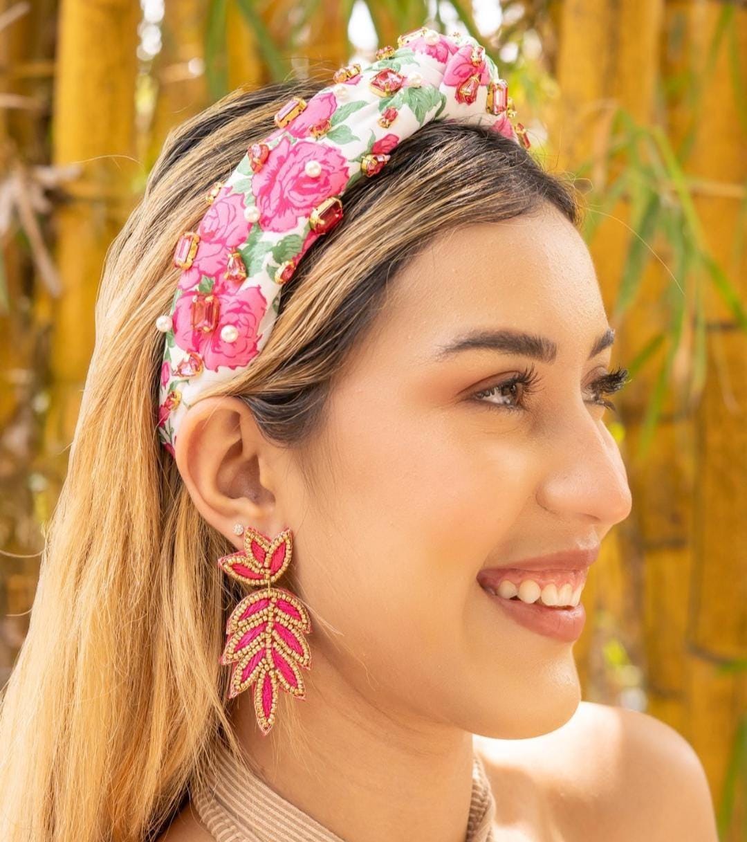 Hand Sewn Pink Jeweled Knot Headband, Pink Embellished  display picture 1