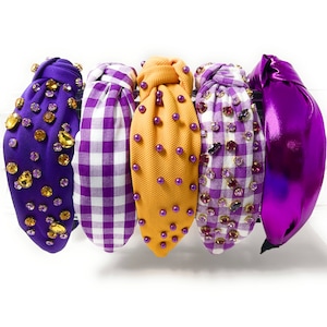 Purple Headband Gingham Headband, LSU Headband Women Purple and Gold Headbands Knotted, LSU Tigers Football Knotted Headband for GameDay