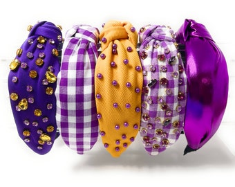 Purple Headband Gingham Headband, LSU Headband Women Purple and Gold Headbands Knotted, LSU Tigers Football Knotted Headband for GameDay
