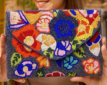 Floral Beaded Clutch Purse, Floral Clutch Bag, Beaded Clutch Purse, Summer Beaded Bag, Party Clutch Purse, Birthday Gift, Floral Bead Clutch