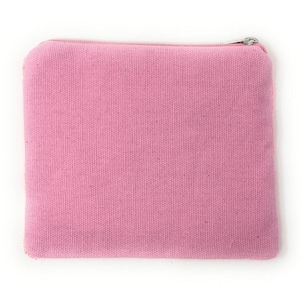 May include: A small, rectangular pink canvas pouch with a zipper closure. The pouch is a solid, light pink color and appears to be made of a textured fabric. The zipper is silver-colored.