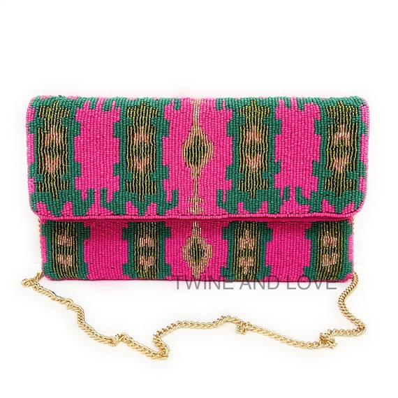 Boho Clutch Purse, Summer Beaded Clutch Purse, Fuchsia Beaded Bag, Birthday  Gift, Party Clutch Purse, Bohemian Beaded Bag, Boho Handbag