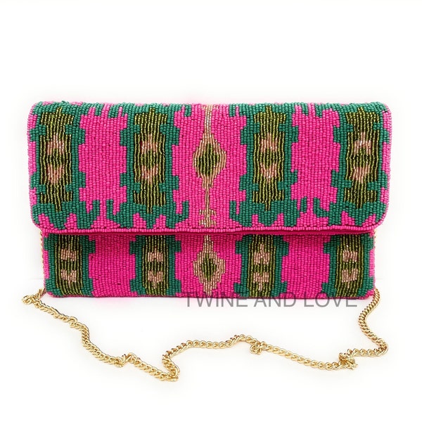 Boho Clutch Purse, Summer Beaded Clutch Purse, Fuchsia Beaded Bag, Birthday Gift, Party Clutch Purse, Bohemian Beaded Bag, Boho Handbag