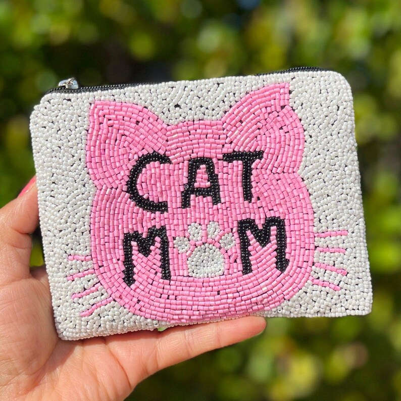 Hand Beaded Coin Purse, Mother's Day Gift, Small Wallet Cat Mom