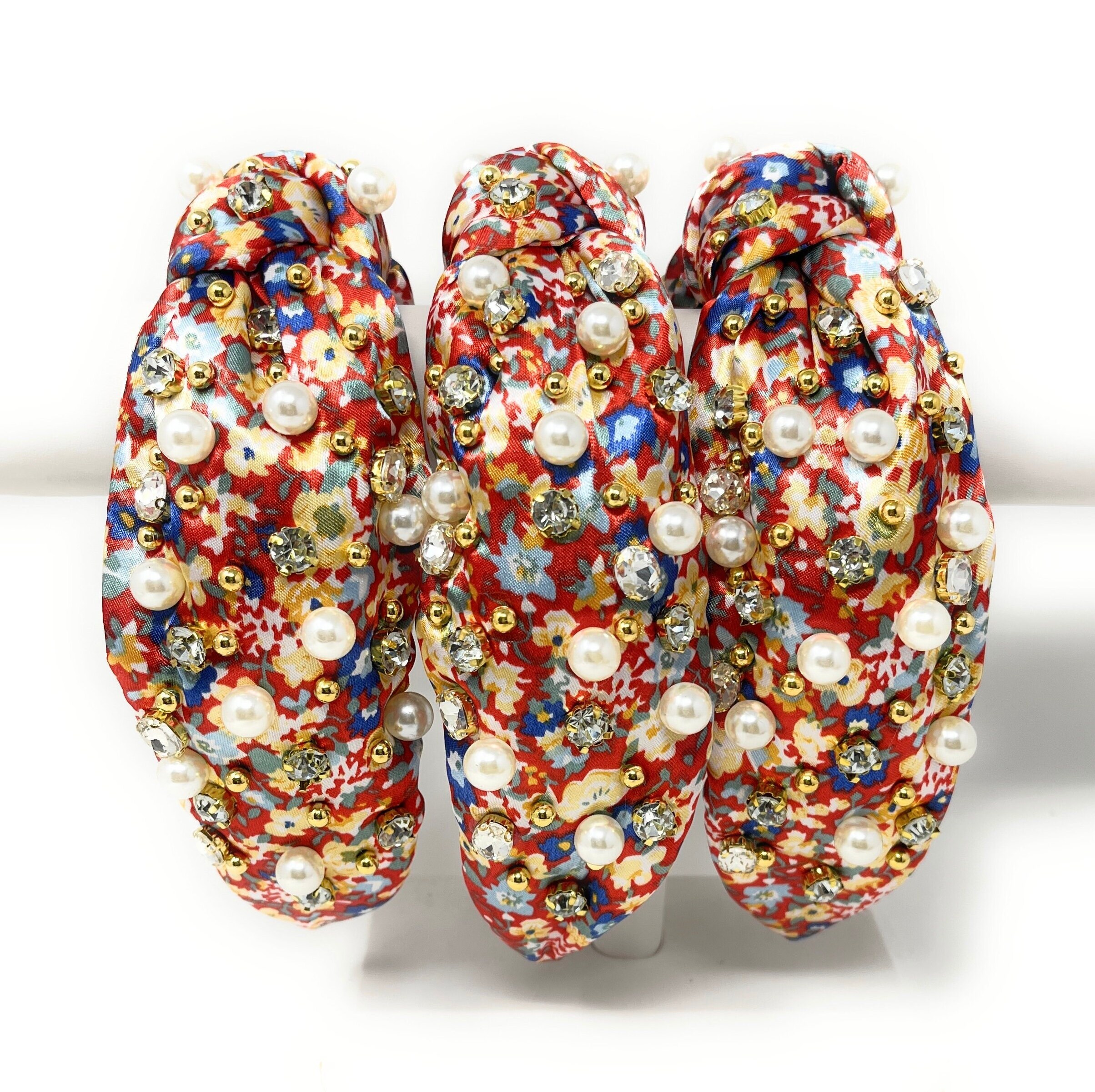 Handmade Floral Print Top Knot Headband With Jeweled Accents 