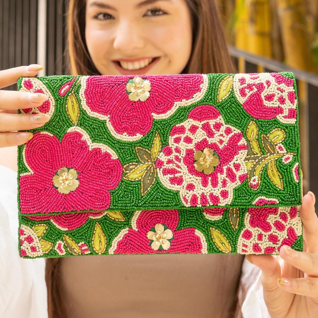 Beautiful Handmade Floral Clutch Purse With Green and Pink Seed