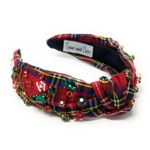 Red Plaid Christmas holiday top knot jeweled headband