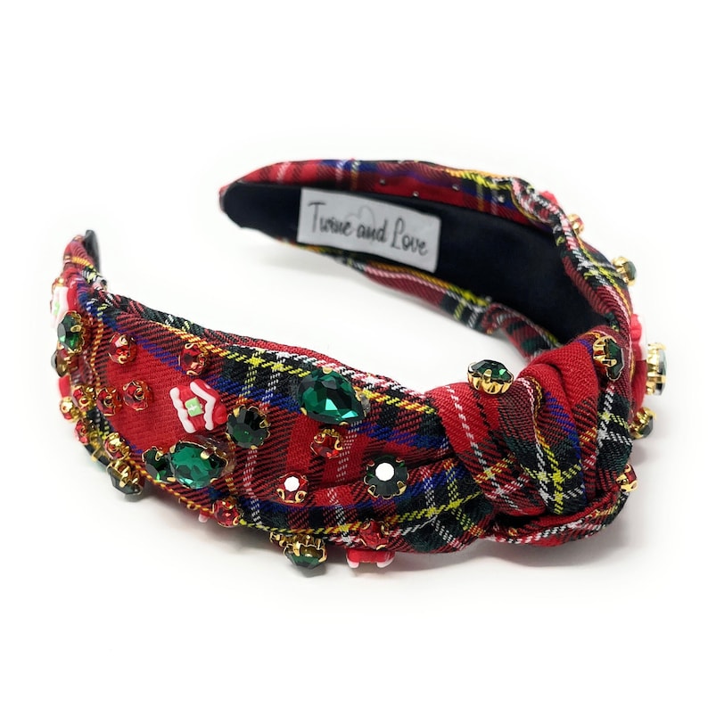 Red Plaid Christmas holiday top knot jeweled headband