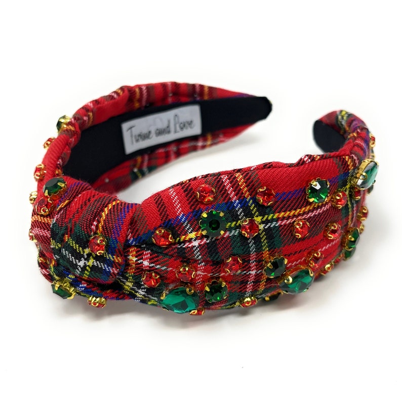 Festive and Unique: Custom Holiday Christmas Jeweled Knot Headband - Red Plaid fabric with green and red jewels.