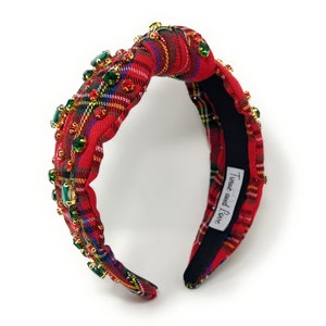 Festive and Unique: Custom Holiday Christmas Jeweled Knot Headband - Red Plaid fabric with green and red jewels.