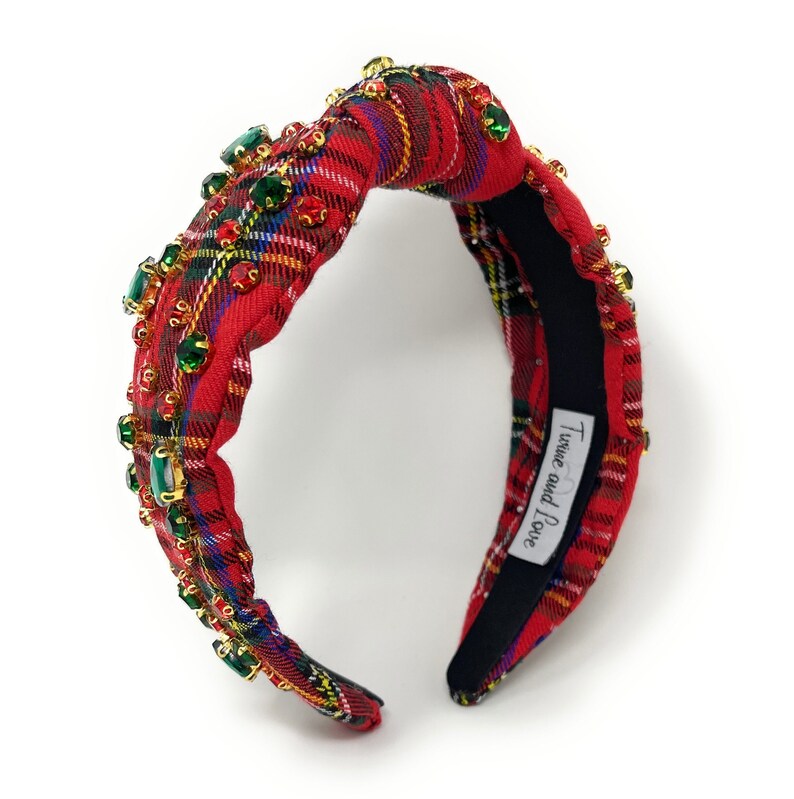 Festive and Unique: Custom Holiday Christmas Jeweled Knot Headband - Red Plaid fabric with green and red jewels.