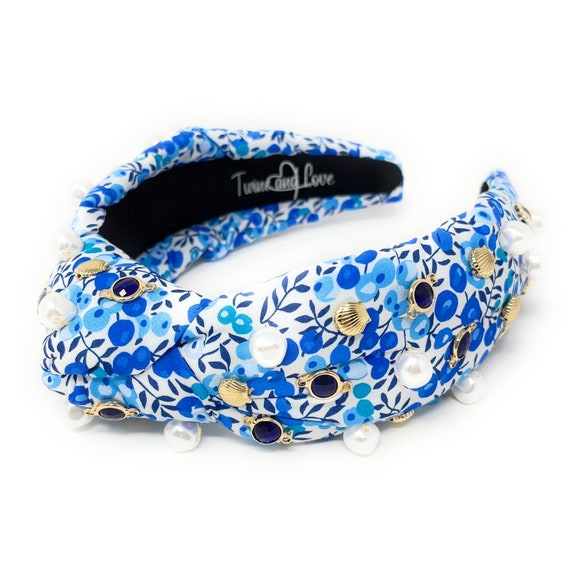 Hand Sewn Blue Jeweled Knot Headband, Embellished Knotted  display picture 1