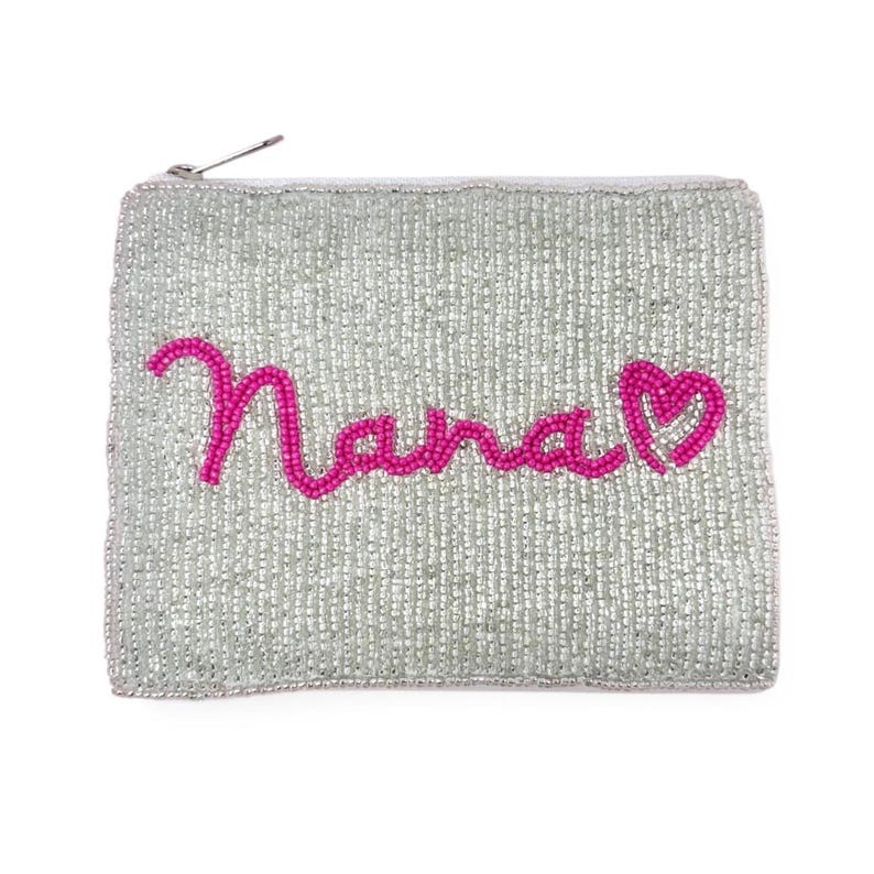 Sparkly silver beaded pouch with pink Nana word on front