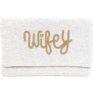 Elegant Hand-Beaded Custom Bridal Clutch Purse: The Perfect Accessory for Your Special Day - White clutch with gold letters - WIFEY