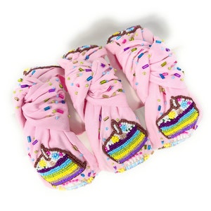 Hand Beaded Birthday Cake Top Knot Headband in Beautiful Pink Fabric