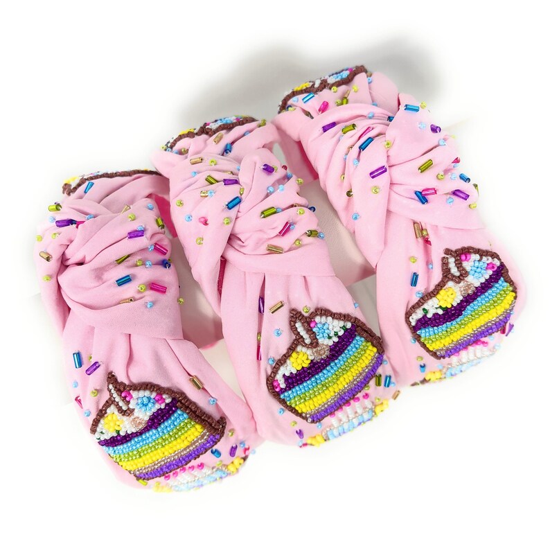 Hand Beaded Birthday Cake Top Knot Headband in Beautiful Pink Fabric