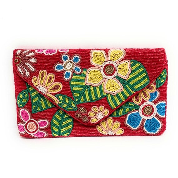 Tropical Beaded Clutch Purse Multicolor Beaded Bag Red Clutch