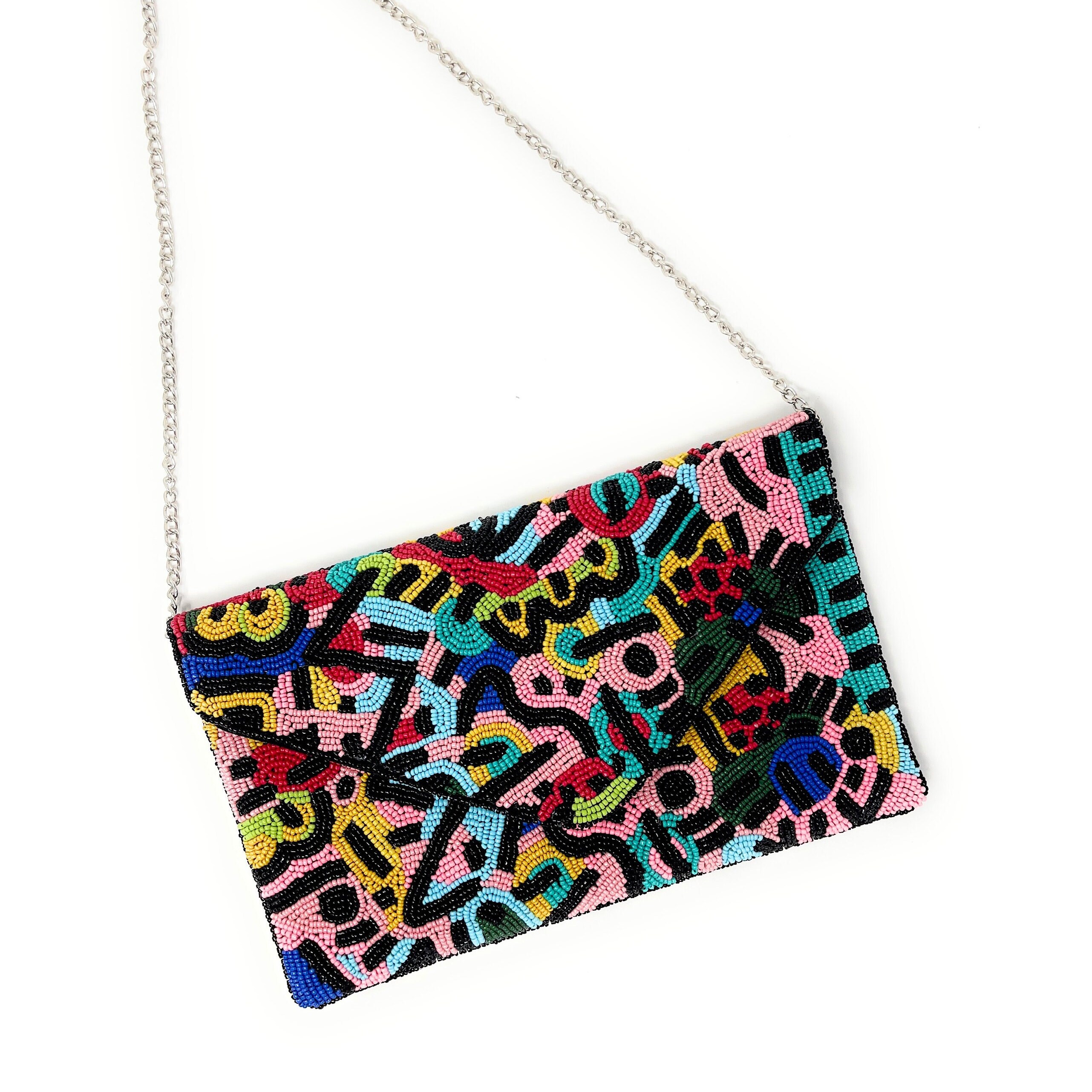 Multicolored Beaded Clutch Purse Multi Color Bead Clutch Beaded Clutch Multicolored Bead Clutch Purse Rainbow Purse Boho Crossbody Bag