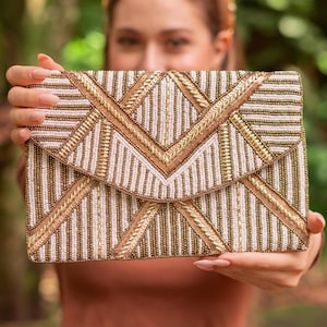 Gold Beaded Clutch, Seed Bead Gold Clutch Bag, Gold Beaded Clutch Purse, Wedding Clutch Bag, Party Clutch Purse, Birthday Gift, Bridal Gift