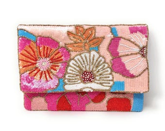 Beaded Floral Clutch Bag with Chain, Colorful Handmade Evening Purse, Statement Wedding Guest Bag, Pink Beaded Crossbody, Resort Style