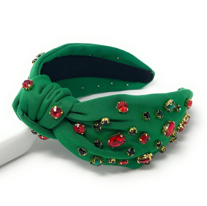 Green Christmas holiday top knot jeweled headband