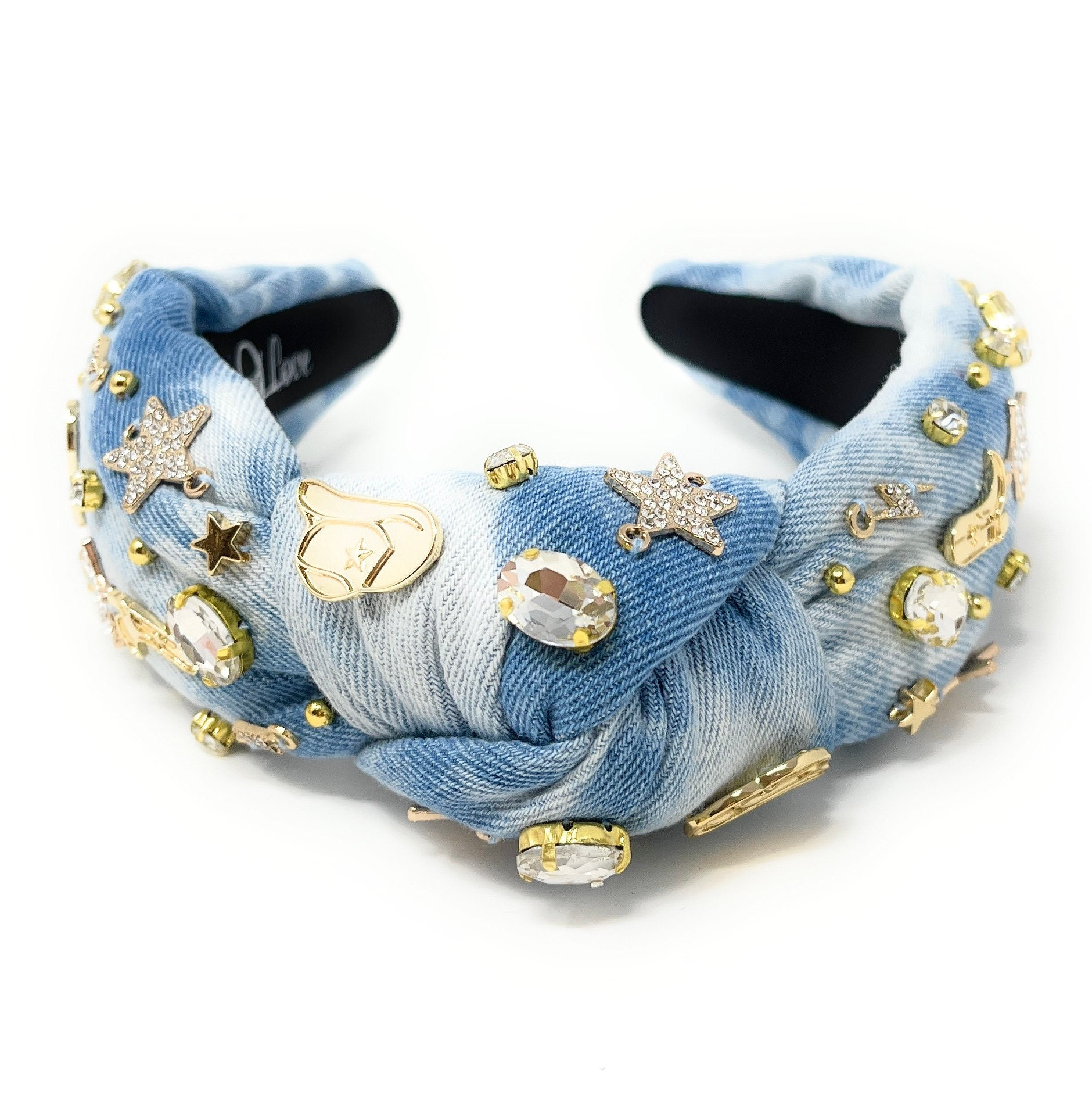 Denim Jeweled Yeehaw Knotted Headband, Embellished Knotted 