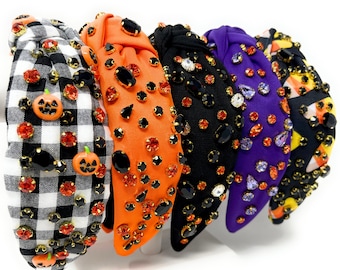 Halloween Jeweled Knot Headbands, Halloween Headbands, Candy Corn Headbands, Halloween Hair Accessories, Checkered Gingham Knot Headband