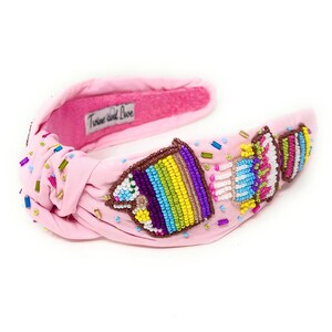 Hand Beaded Birthday Cake Top Knot Headband in Beautiful Pink Fabric