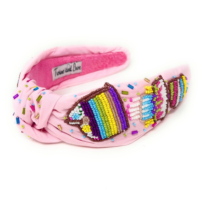 Hand Beaded Birthday Cake Top Knot Headband in Beautiful Pink Fabric