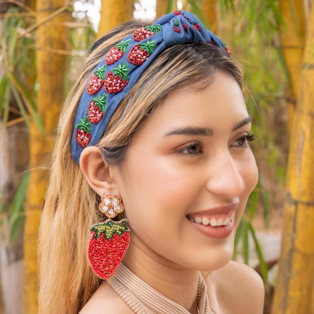 Unique Handcrafted Beaded Denim Top Knot Headband - Trendy  display picture 2