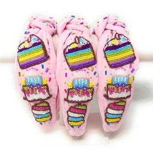 Hand Beaded Birthday Cake Top Knot Headband in Beautiful Pink Fabric