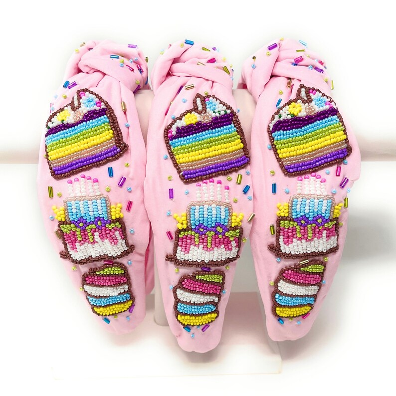 Hand Beaded Birthday Cake Top Knot Headband in Beautiful Pink Fabric