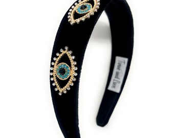 Hey Queen! Wear This Blk Velvet Crown Jewelled Evil Eye Designer Headband Black Queen Crown, Black Flower Headdress, Halloween  main image 3