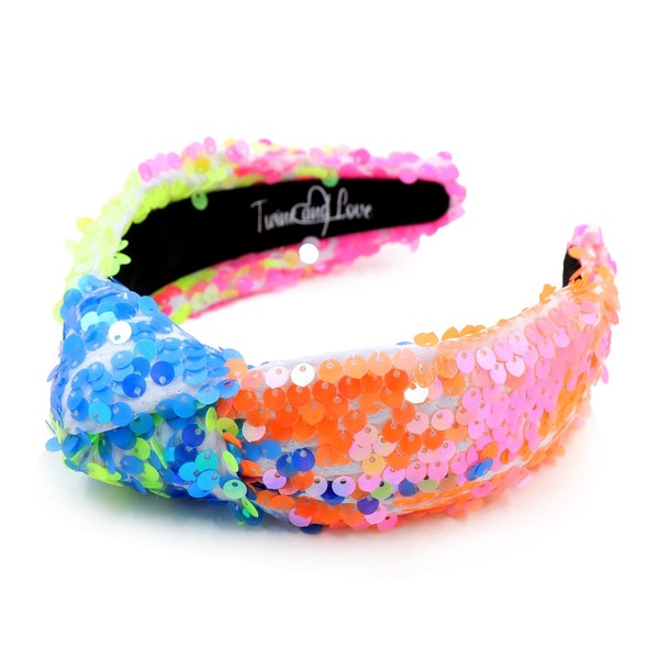 Hand Sewn Neon Sequin Knot Headband, Embellished Knotted Headband, Sequin Jeweled Knotted Headband, Sequin Luxury Statement Knot Headband