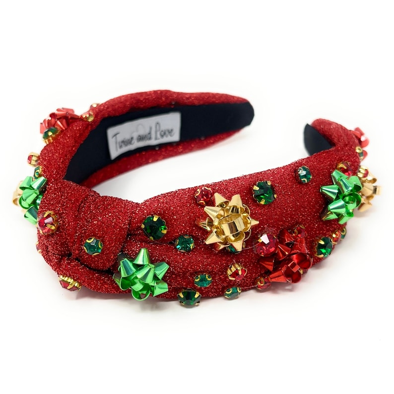 Festive and Unique: Custom Holiday Christmas Jeweled Knot Headband - Red Shimmery fabric with gift bow charms, green and red jewels