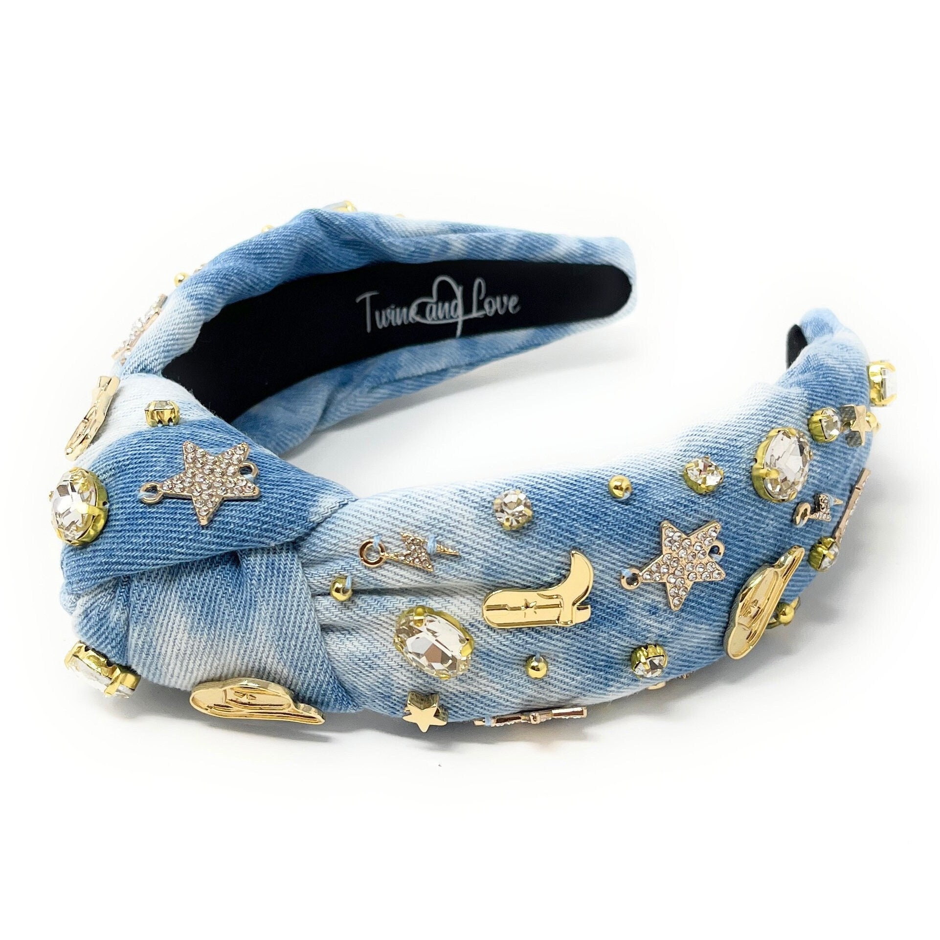 Gorgeous Cowgirl Knotted Denim Rhinestone Headband Denim Jeweled Yeehaw Knotted Headband, Embellished Knotted  main image 3