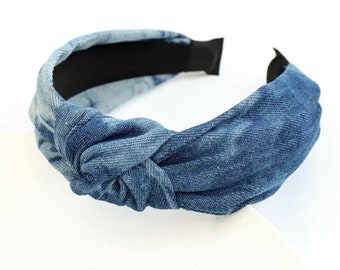 Denim Knotted Headband, Blue Jean Headband, Denim Top Knotted Headband, Women Top Knot Headband, Knotted Headband, Pearl Knot Headbands