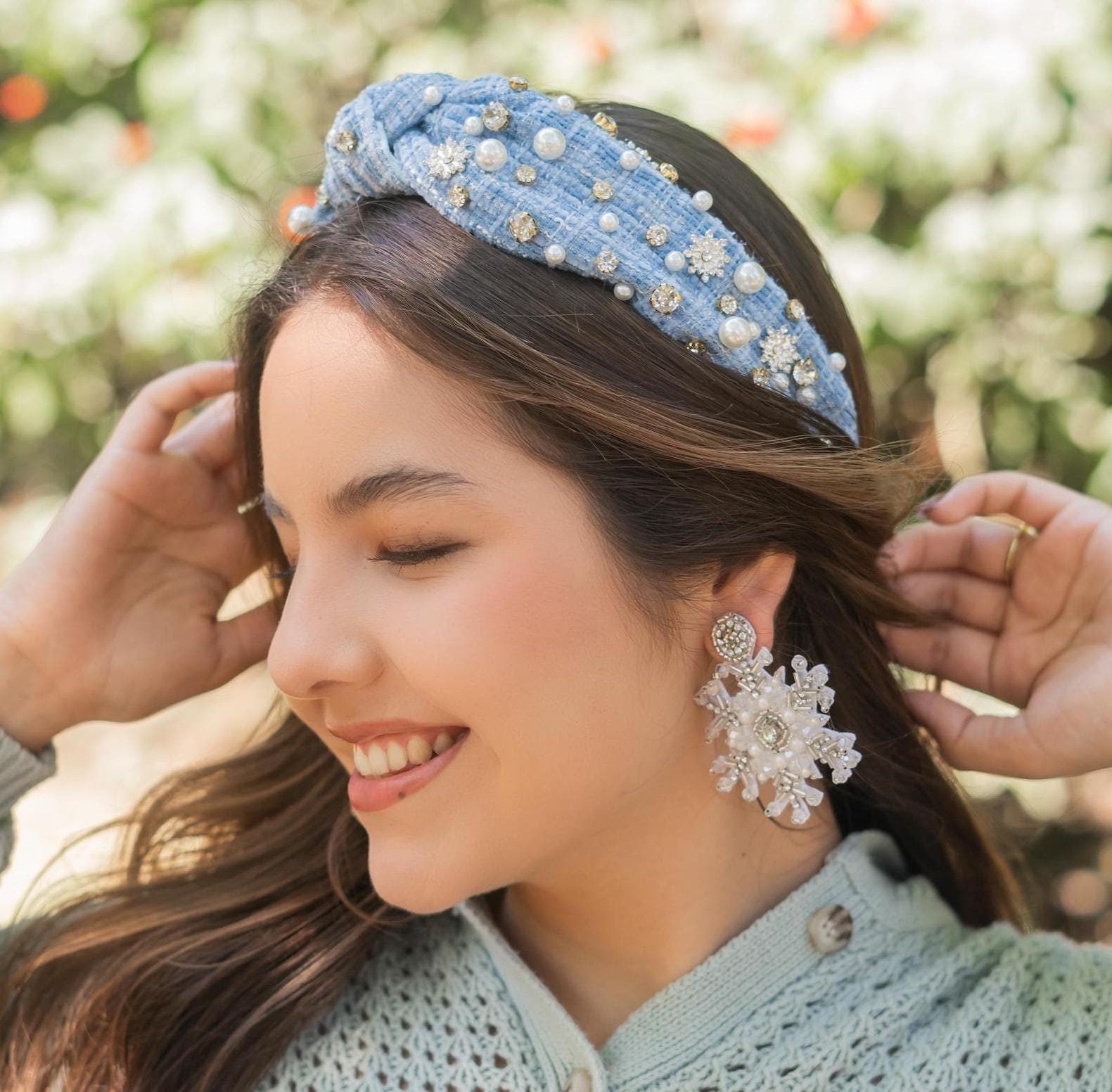Embellished Knotted Headband with Crystal Accents - Light Blue Amazon.com : Atoden Knotted Headbands with Pearl Rhinestone  main image 4