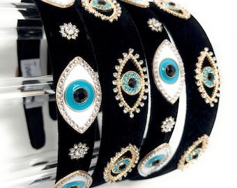 Unique Handmade Evil Eye Jeweled Baroque Headband - Customizable and Eye-catching, Evil Eye Velvet Jeweled Black Headband, Evil Eye Gifts