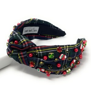 Green plaid Christmas holiday top knot jeweled headband