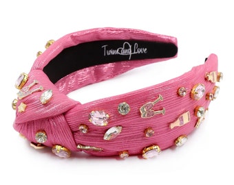 Chic Cheers Top Knot Headband - Handmade Pink Jeweled Hair Accessory, Custom Jeweled Knotted Headband, Handmade Birthday Knotted Headband.